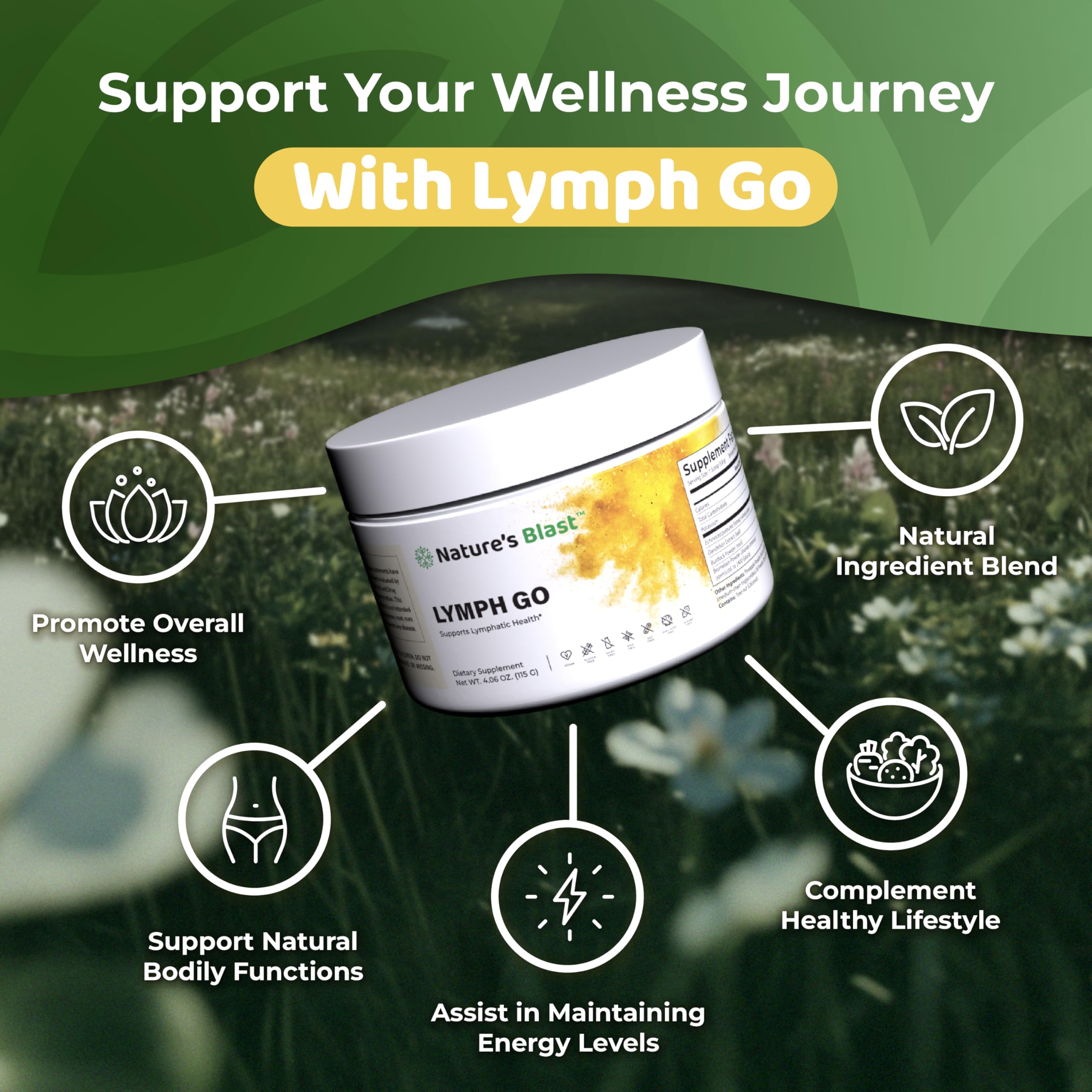 Nature's Blast Lymph Go bottle pour reveals tropical flavor for daily routine.