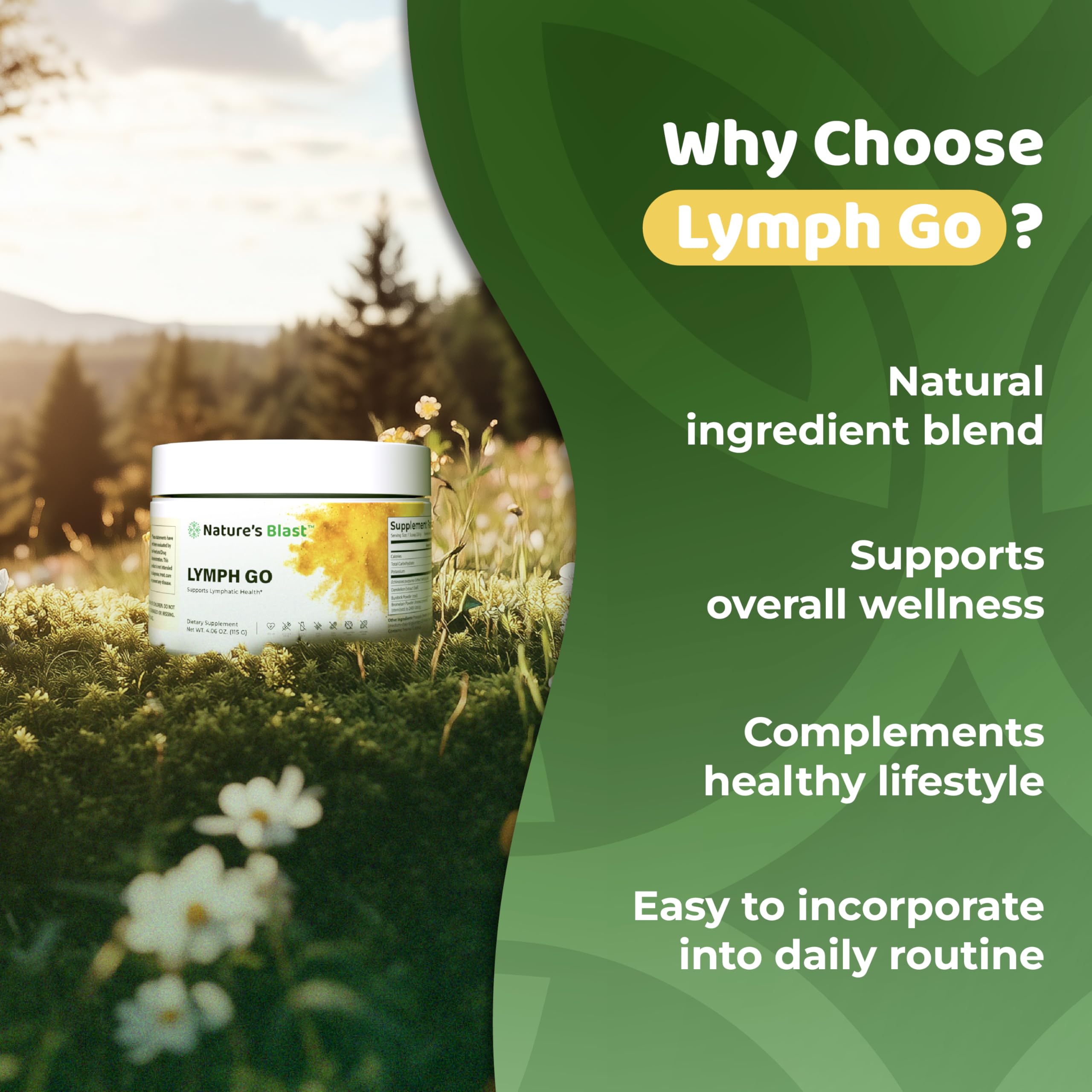 Nature's Blast Lymph Go tropical flavor bottle on kitchen counter.