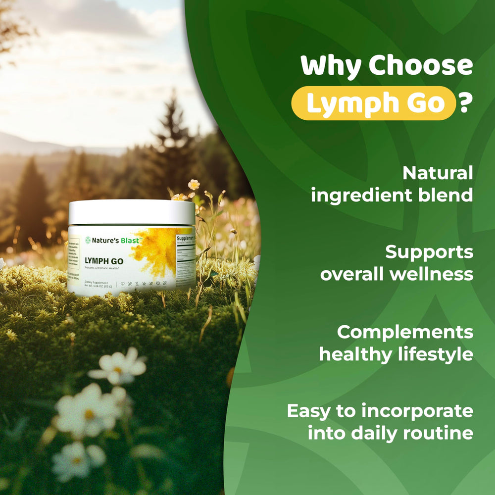 Nature's Blast Lymph Go tropical flavor bottle on kitchen counter.