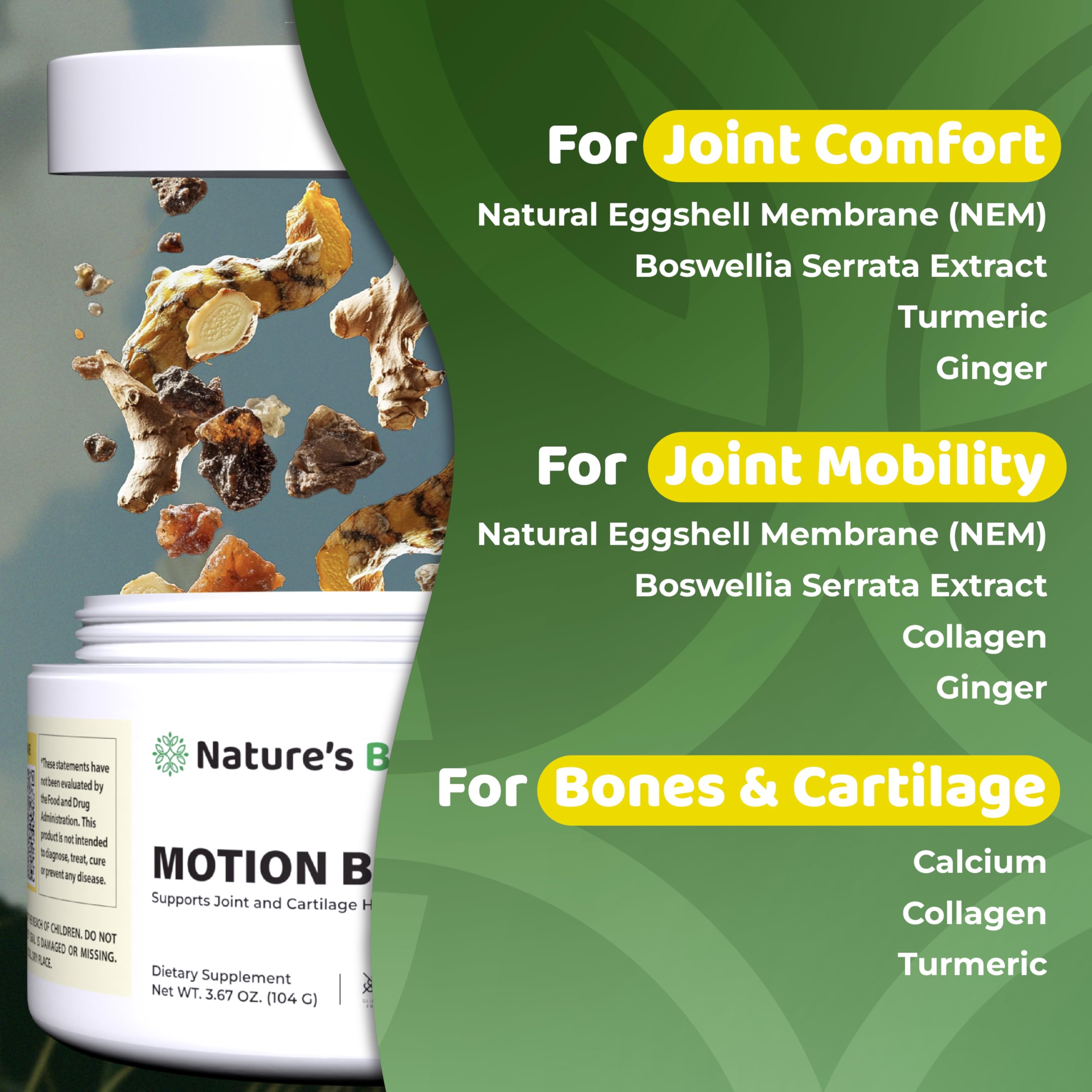 Close-up of NEM, Boswellia, and Collagen ingredients in Motion Bliss
