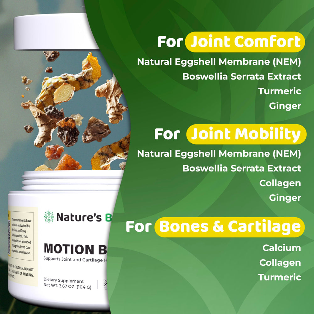 Close-up of NEM, Boswellia, and Collagen ingredients in Motion Bliss