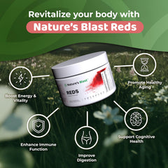 NATURES BLAST Reds container close-up showing the 23-fruit blend.