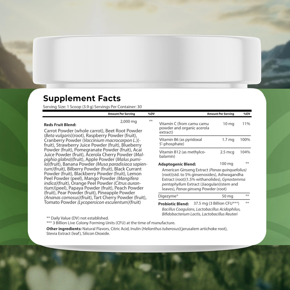 NATURES BLAST Reds vegan and gluten-free ingredients emphasized on label.