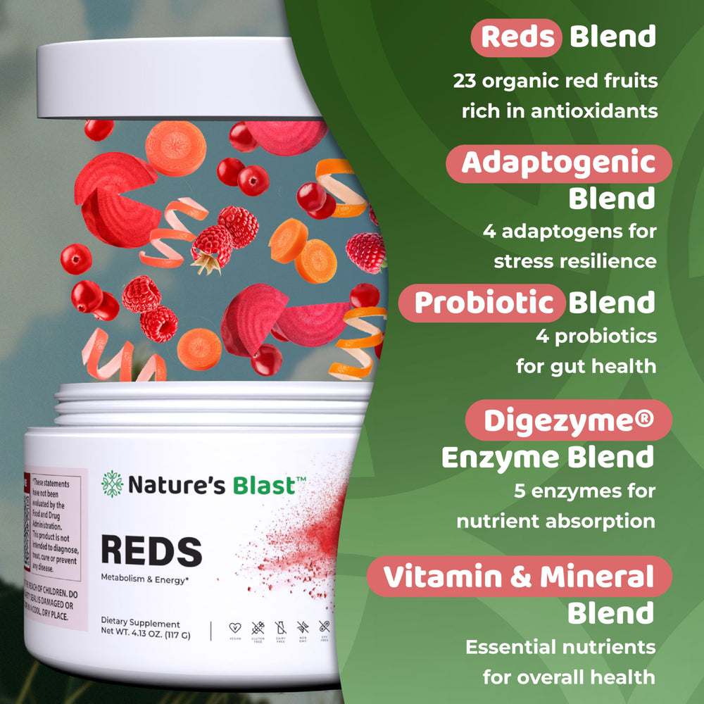 NATURES BLAST Reds powder dissolving in water for easy daily nutrition.