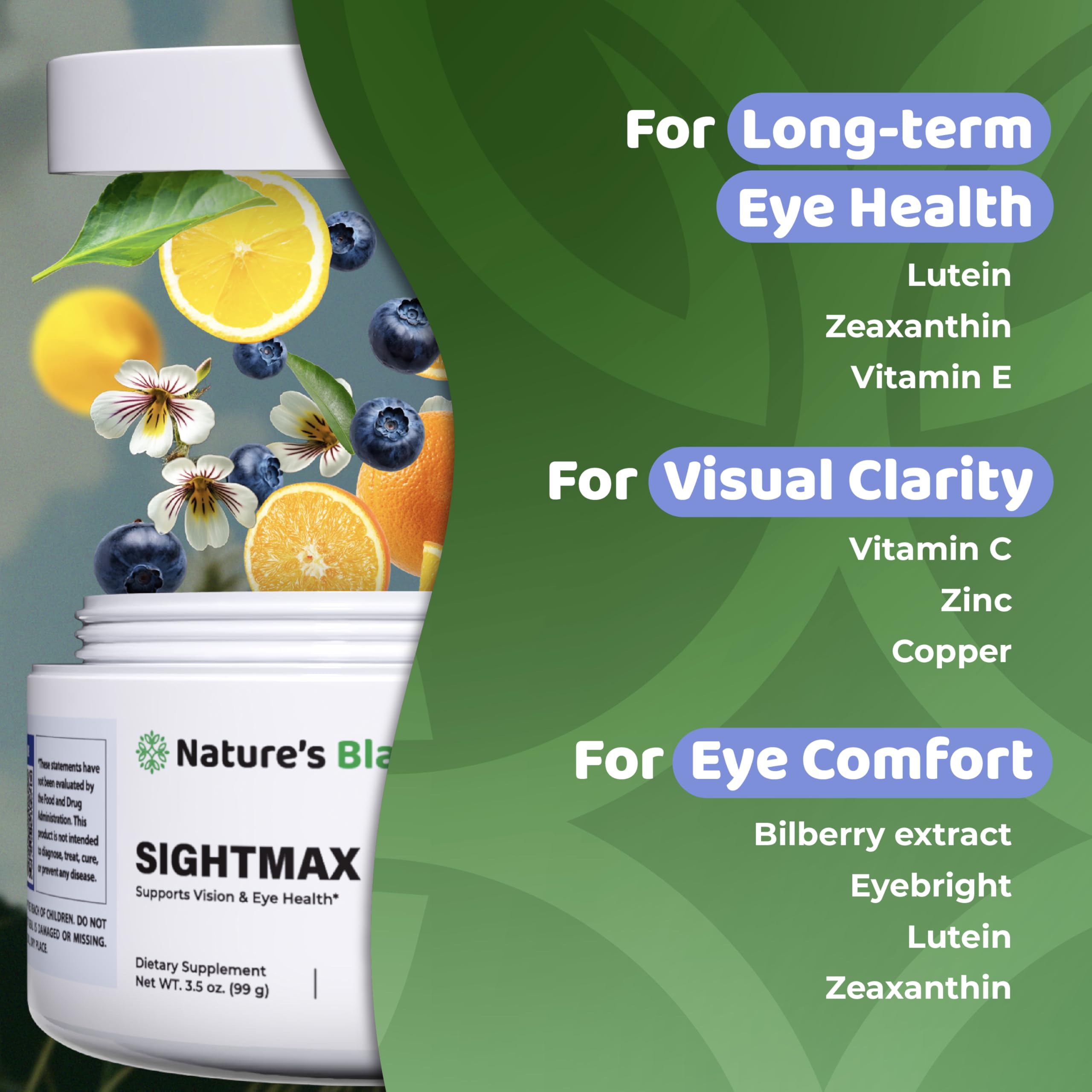 NATURES BLAST SightMax Berry Rush flavor label highlights tasty daily eye care.