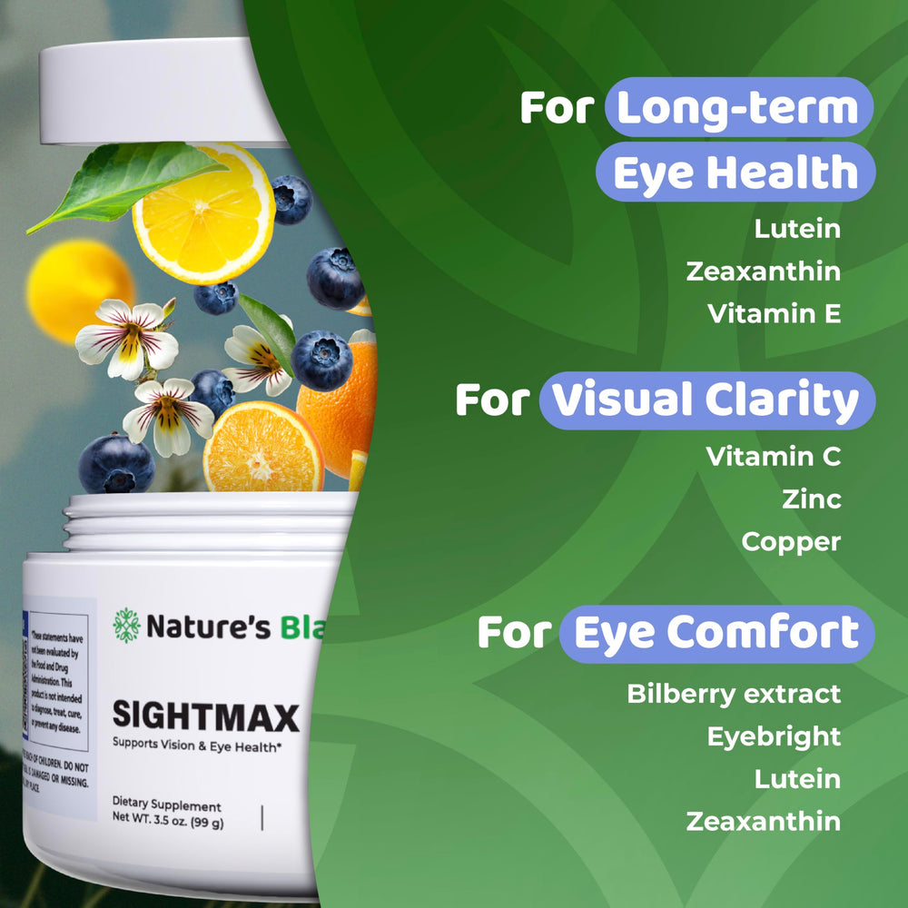 NATURES BLAST SightMax Berry Rush flavor label highlights tasty daily eye care.
