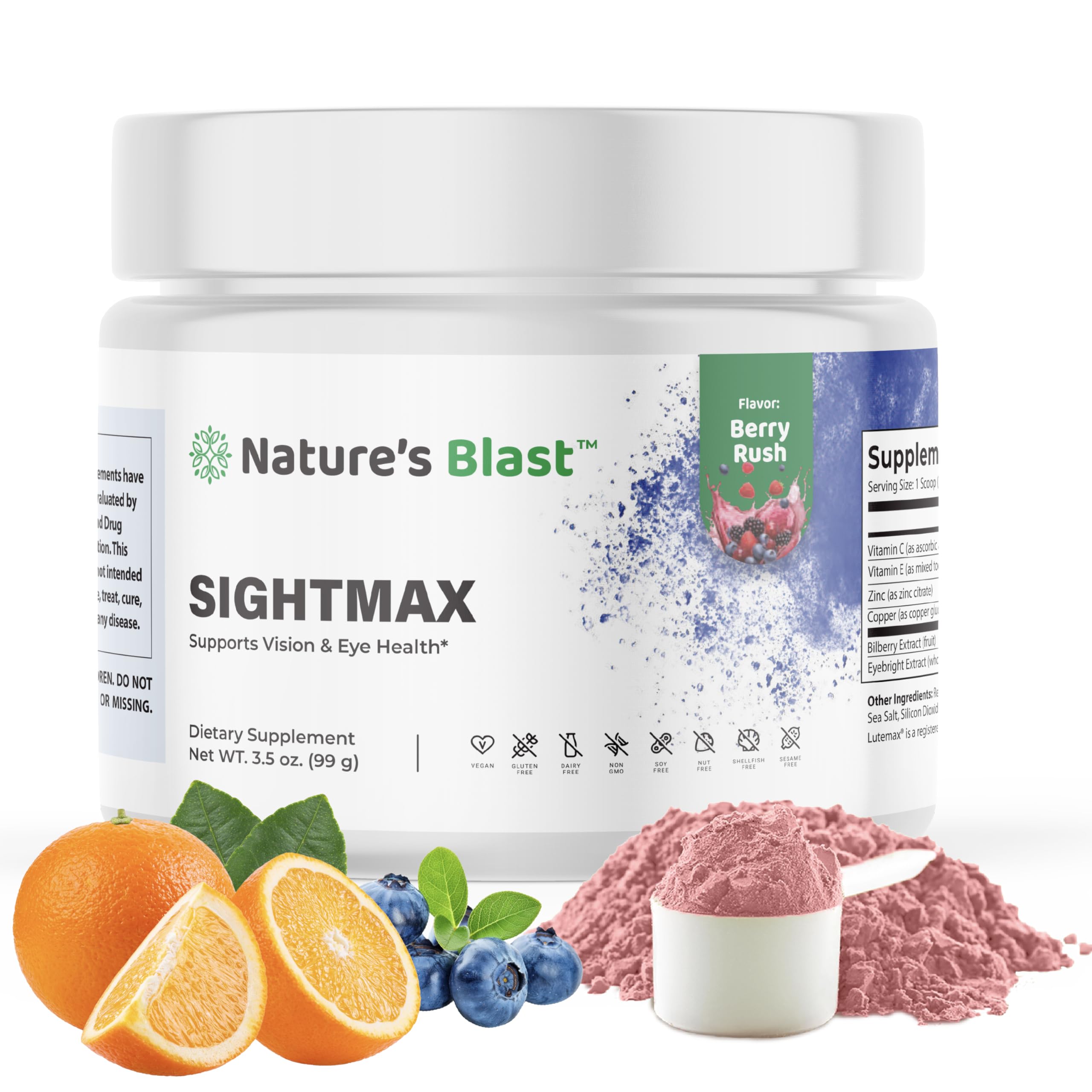 NATURES BLAST SightMax bottle front with Berry Rush flavor for daily eye support.