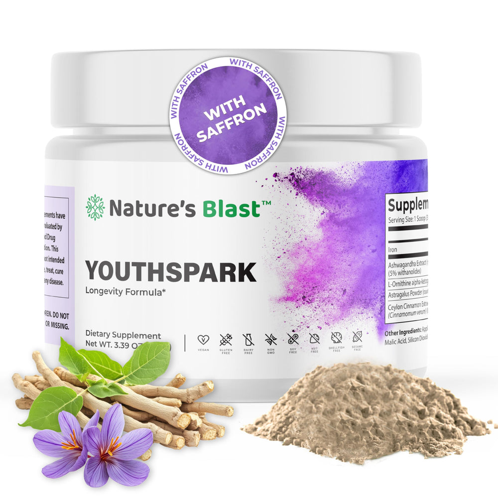 NATURES BLAST YouthSpark ashwagandha bottle supports daily energy and cellular health
