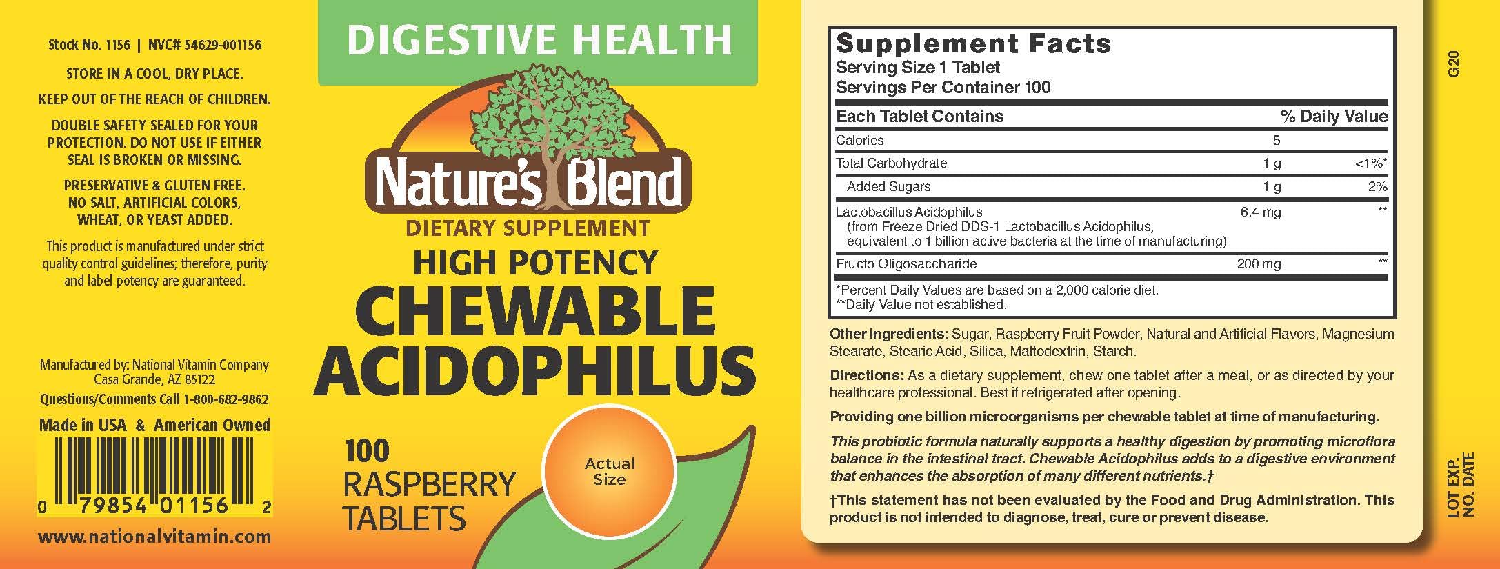 Nature's Blend Acidophilus bottle back label, gluten-free formula and absence of artificial colors