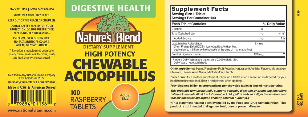 Nature's Blend Acidophilus bottle back label, gluten-free formula and absence of artificial colors