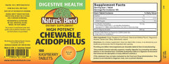 Nature's Blend Acidophilus bottle back label, gluten-free formula and absence of artificial colors