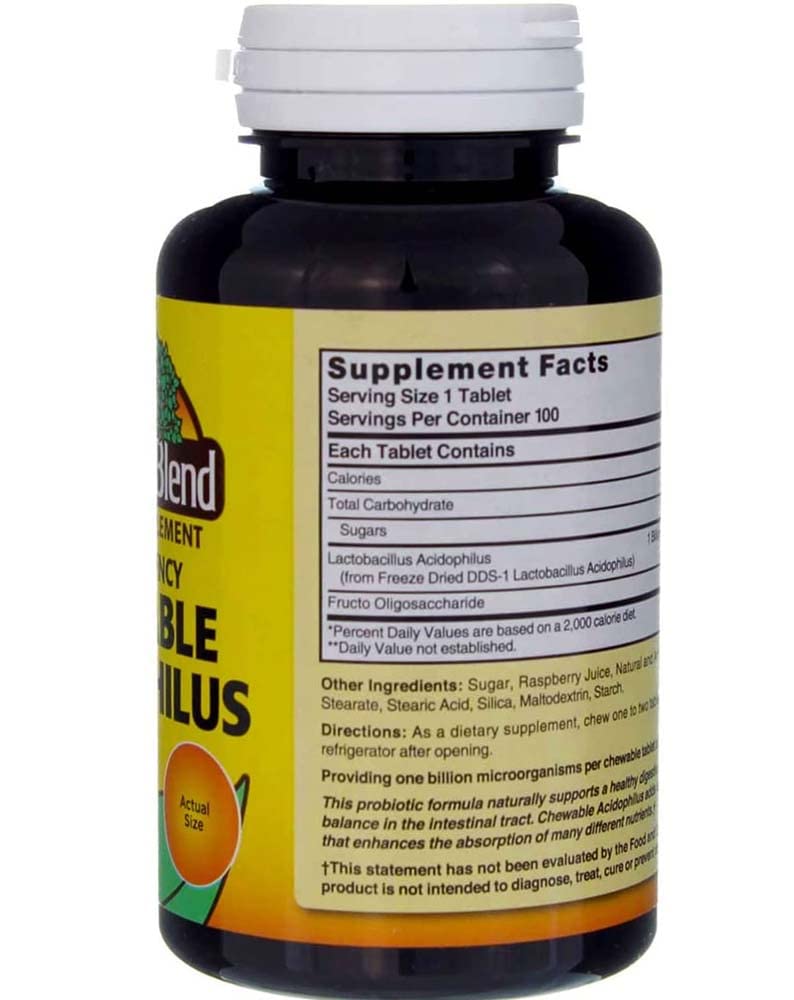 Nature's Blend acidophilus label shows strain and potency for transparency
