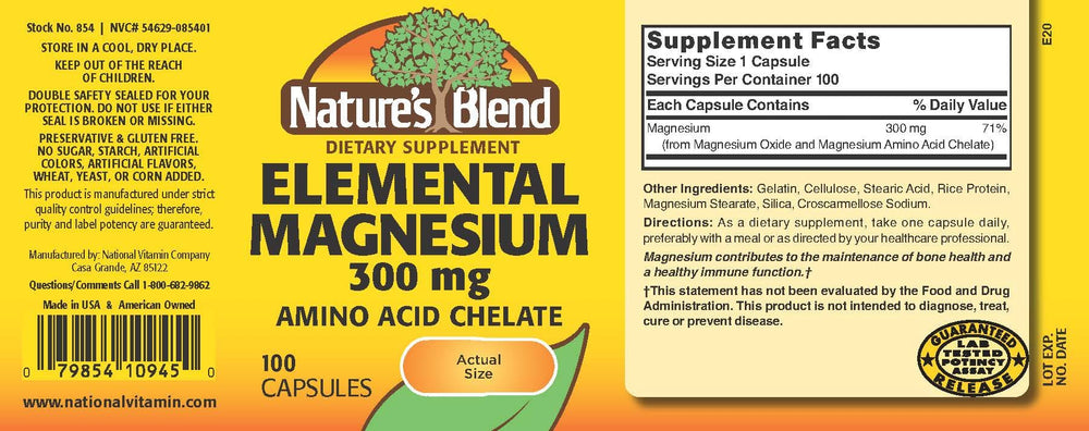 Nature's Blend amino-acid chelated magnesium capsules for improved absorption