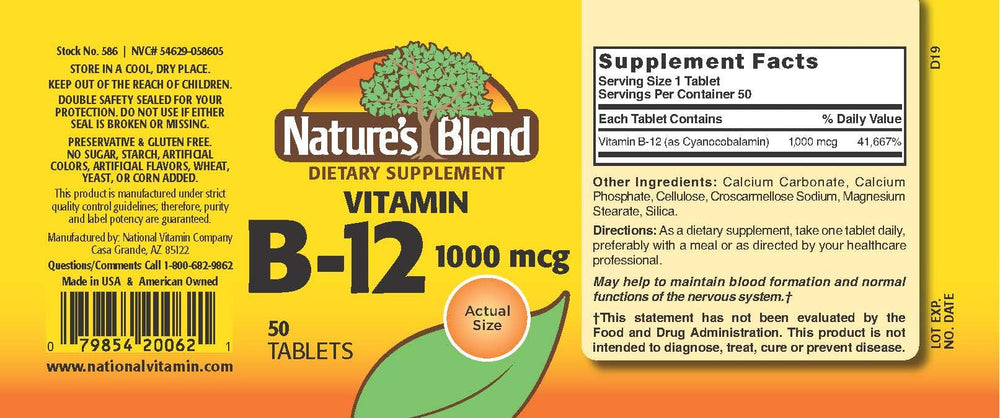 Close-up of Nature's Blend B12 tablets showing high-potency 1000 mcg dose