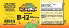 Close-up of Nature's Blend B12 tablets showing high-potency 1000 mcg dose