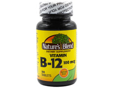 Nature's Blend NAT B Vitamin B-12 TB bottle shows 100 mcg dosage for daily use.