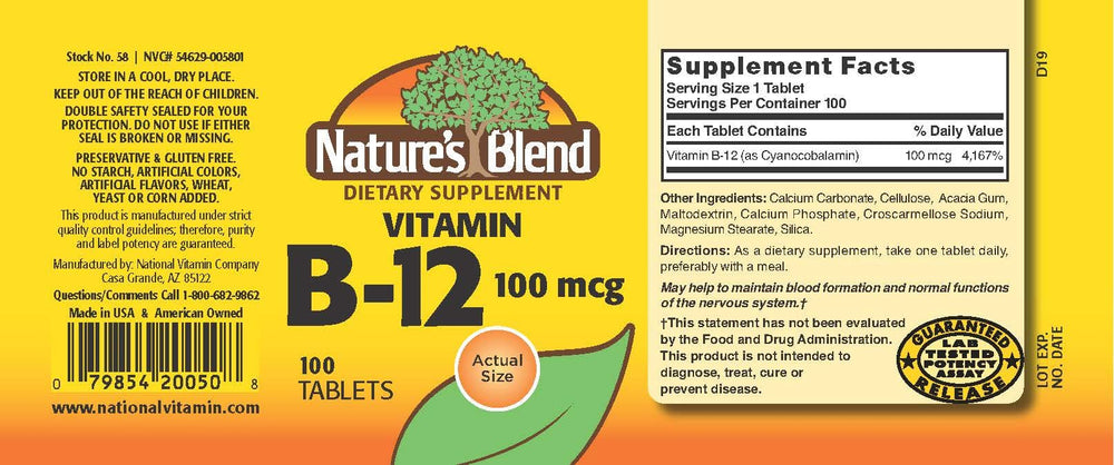 Nature's Blend NAT B Vitamin B-12 TB label highlights gluten-free and preservative-free formula.