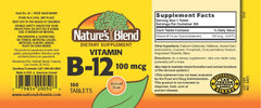 Nature's Blend NAT B Vitamin B-12 TB label highlights gluten-free and preservative-free formula.