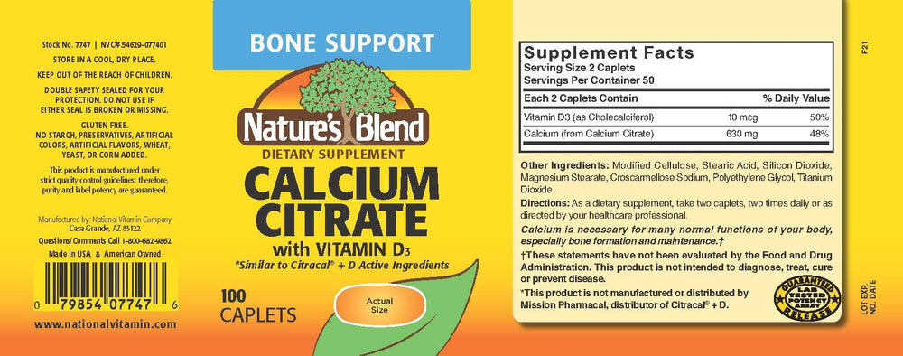 Nature's Blend Calcium Citrate with D3 capsules gluten-free formula