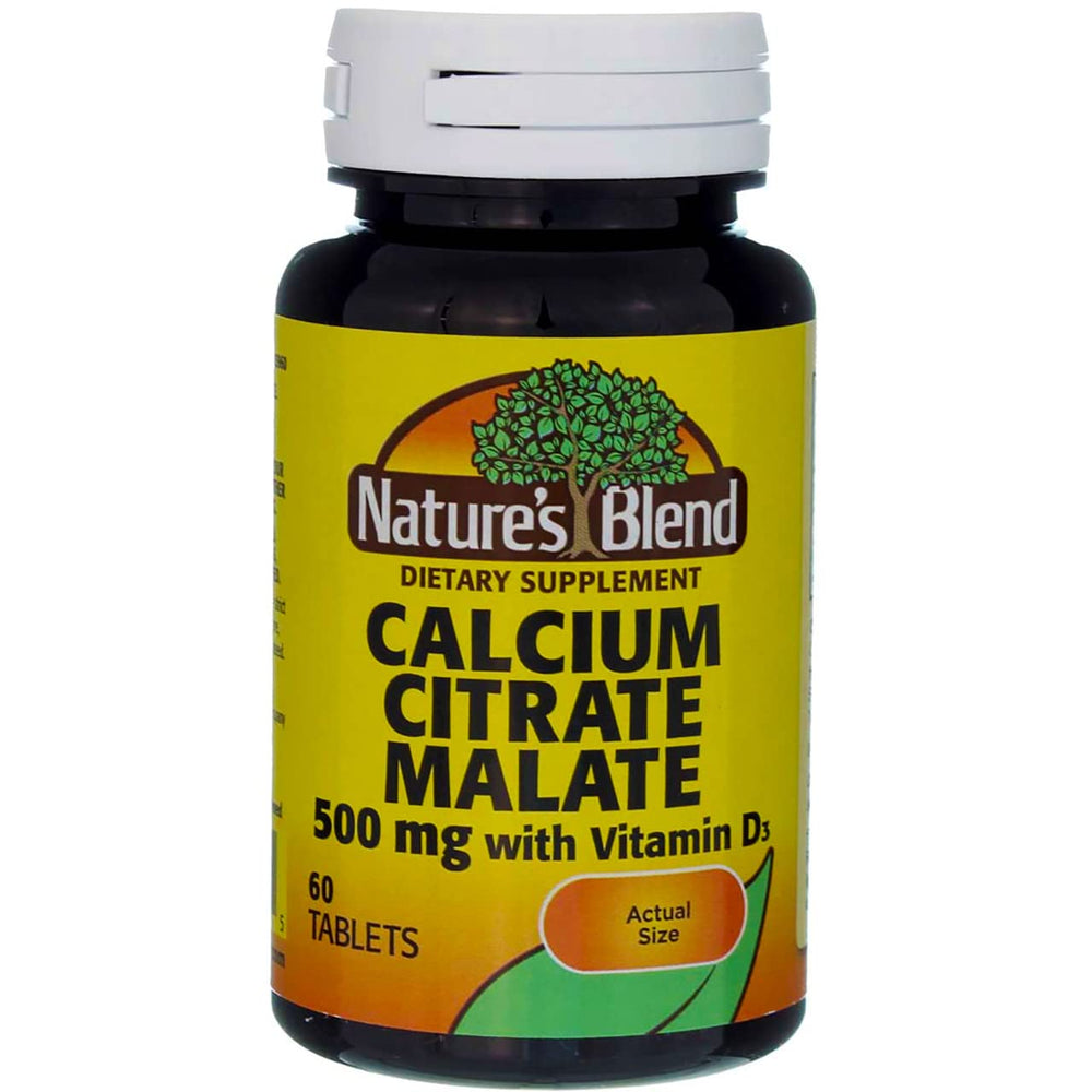 Nature's Blend Calcium Citrate Malate 500 mg tablets close-up showing unflavored formula