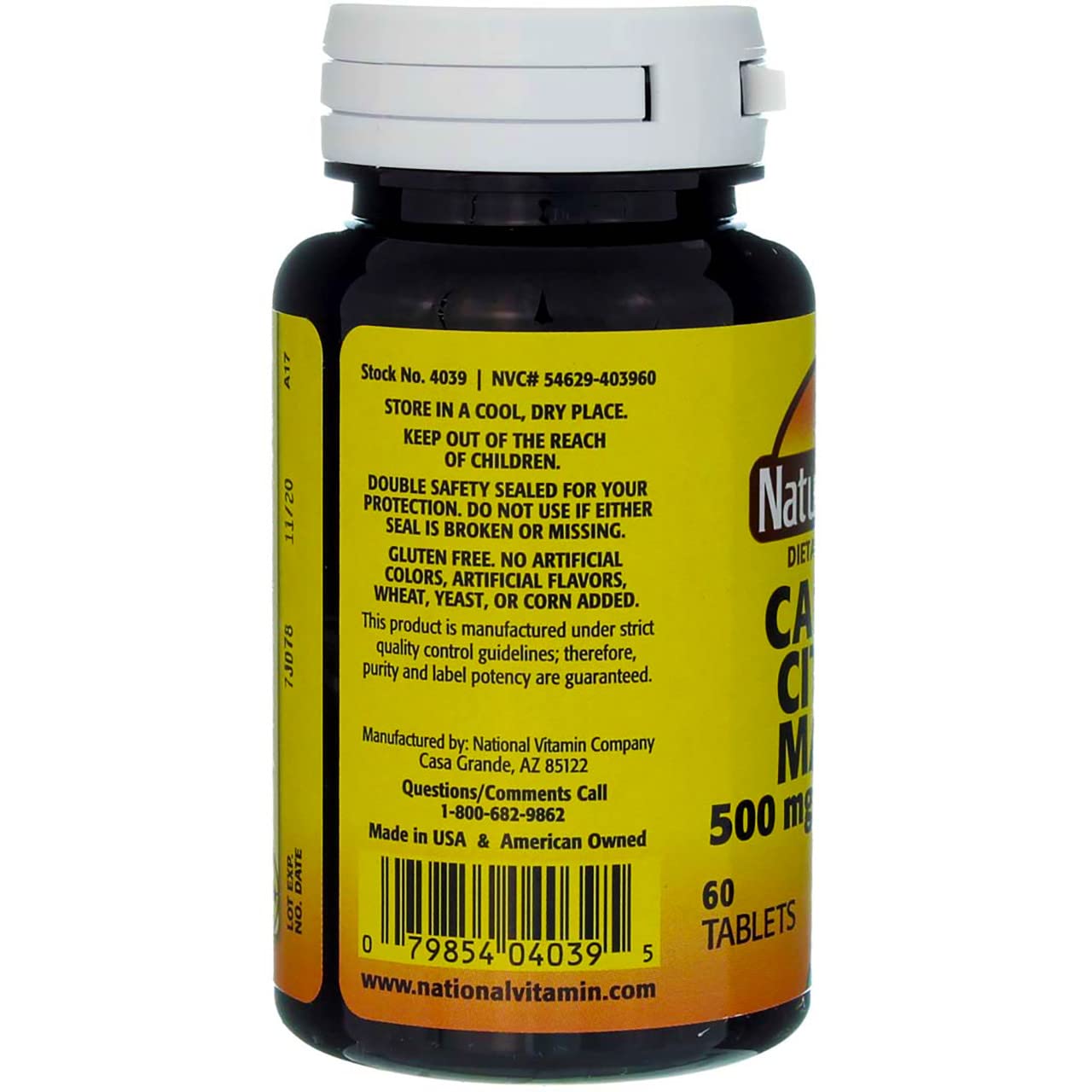 Nature's Blend Calcium Citrate Malate 500 mg tub label highlighting vitamin D content