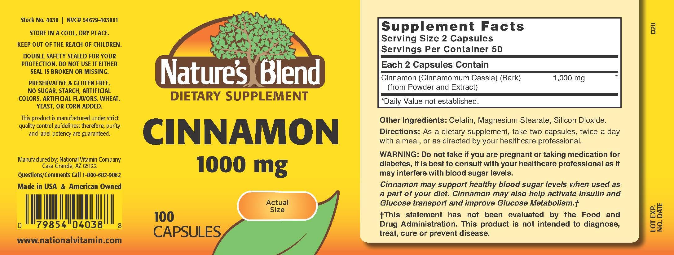 Nature's Blend Cinnamon capsules, gluten-free formula for daily use.