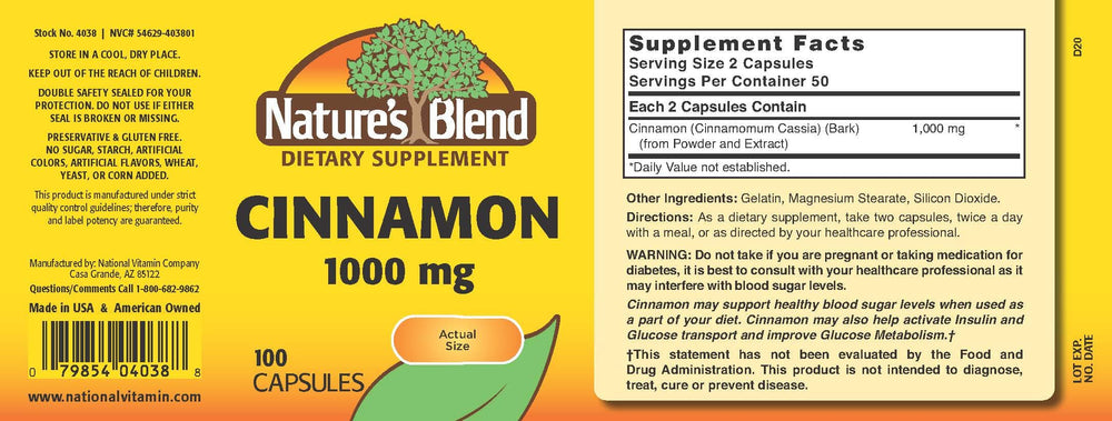 Nature's Blend Cinnamon capsules, gluten-free formula for daily use.