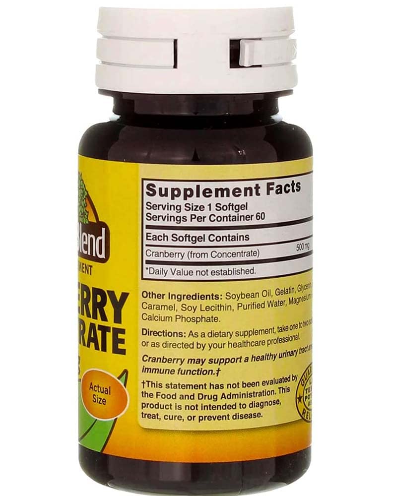 Nature's Blend Cranberry Concentrate label showing 60 softgels per bottle for convenient dosage