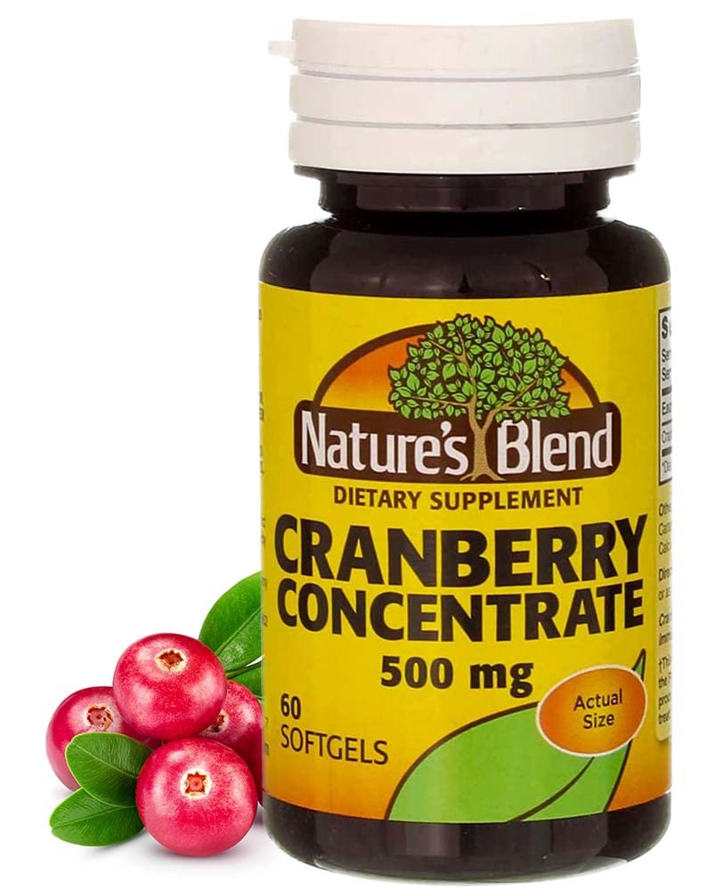 Close-up of Nature's Blend Cranberry Concentrate 500 mg softgel capsule for daily supplement