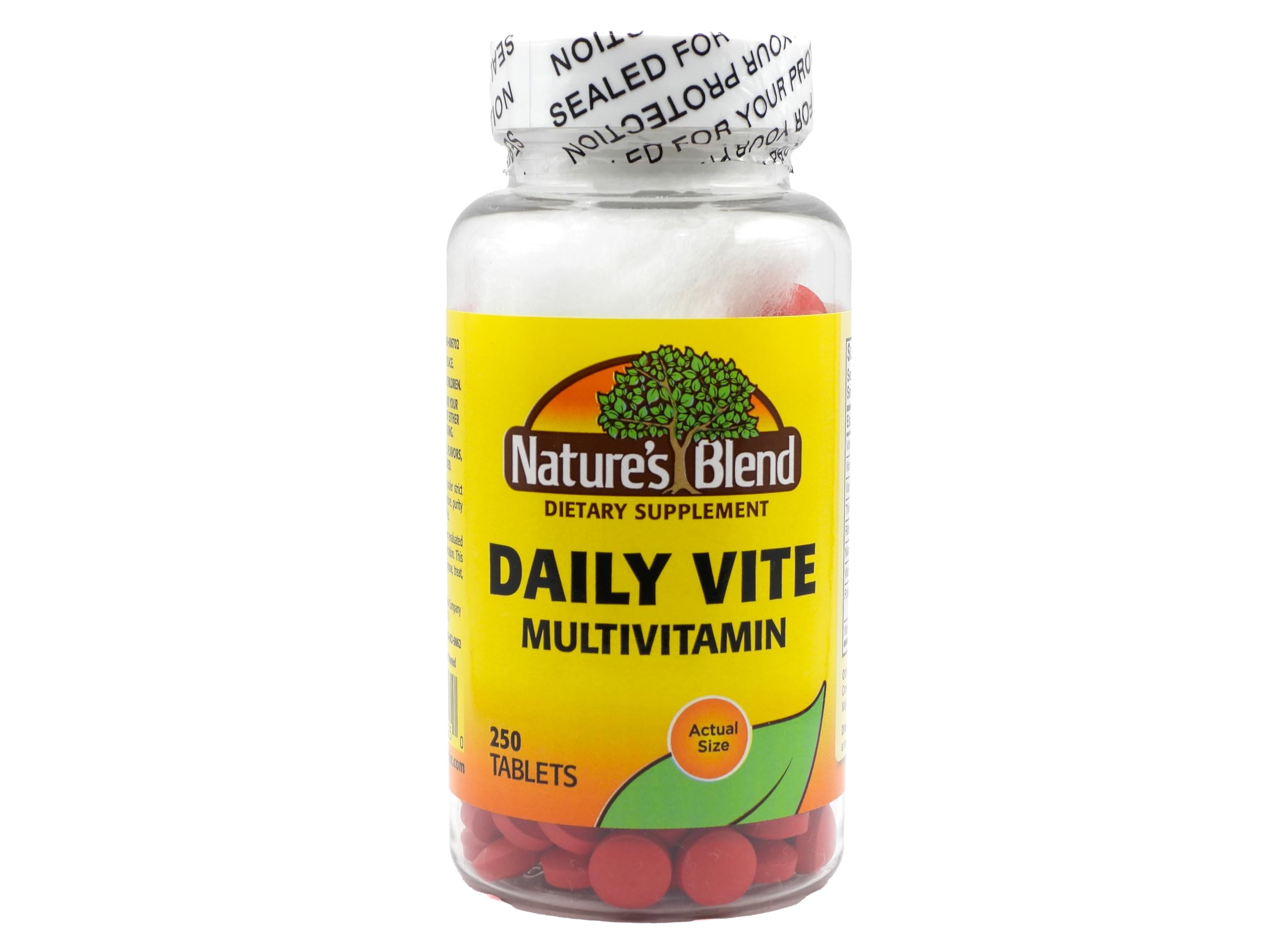 Nature's Blend Daily Vite 250 tablets bottle on kitchen counter supports daily wellness for busy mornings.