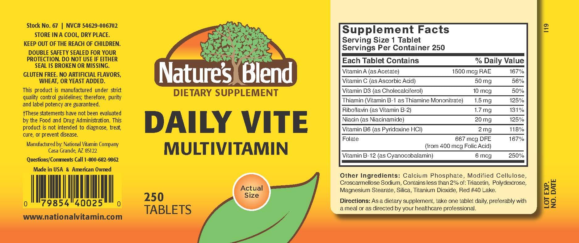 Close-up of Nature's Blend Daily Vite 250 tablets highlights clean gluten-free formula.
