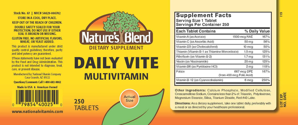 Close-up of Nature's Blend Daily Vite 250 tablets highlights clean gluten-free formula.