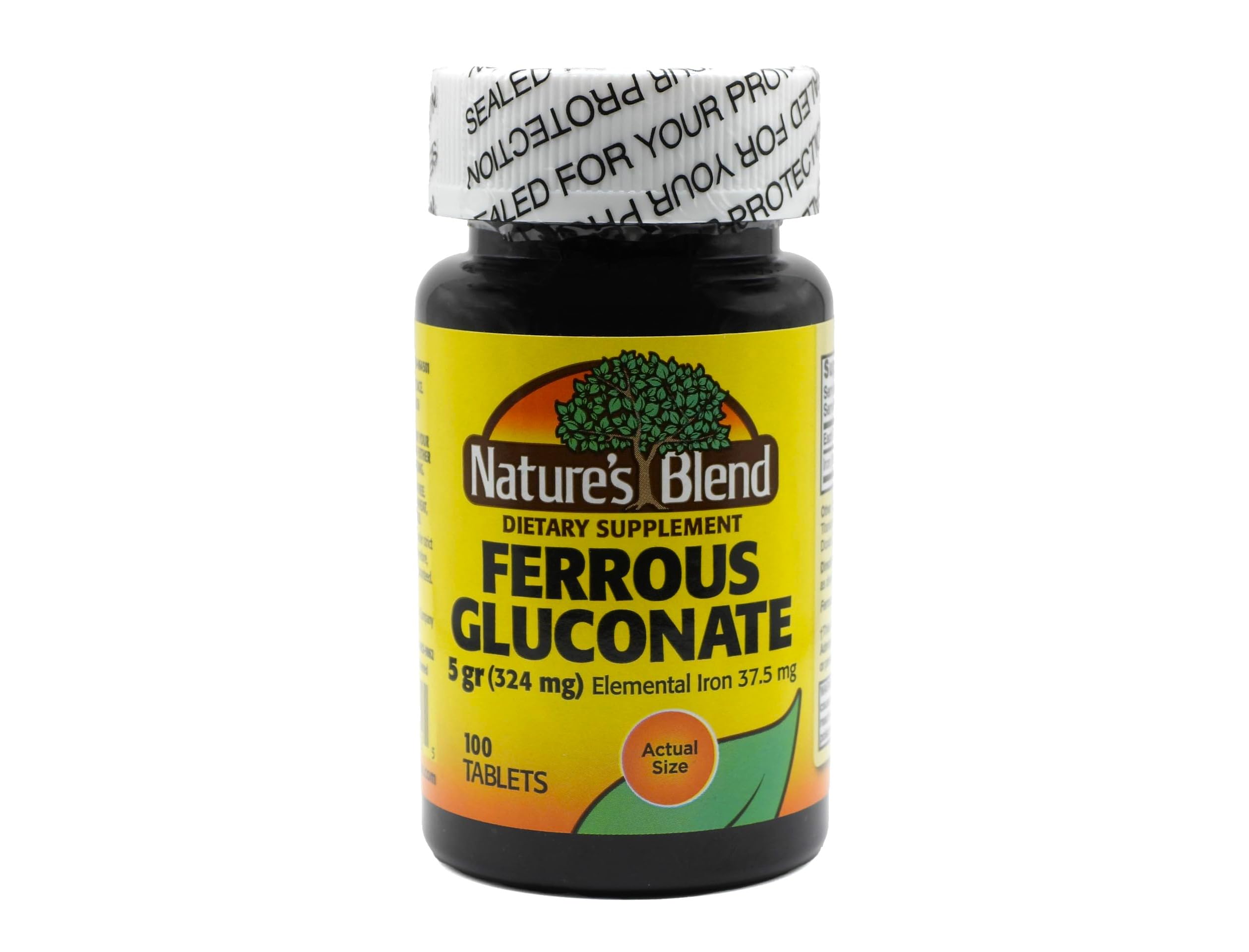 Nature's Blend Ferrous Gluconate bottle showing gluten-free iron supplement for daily use
