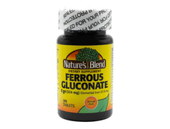 Nature's Blend Ferrous Gluconate bottle showing gluten-free iron supplement for daily use