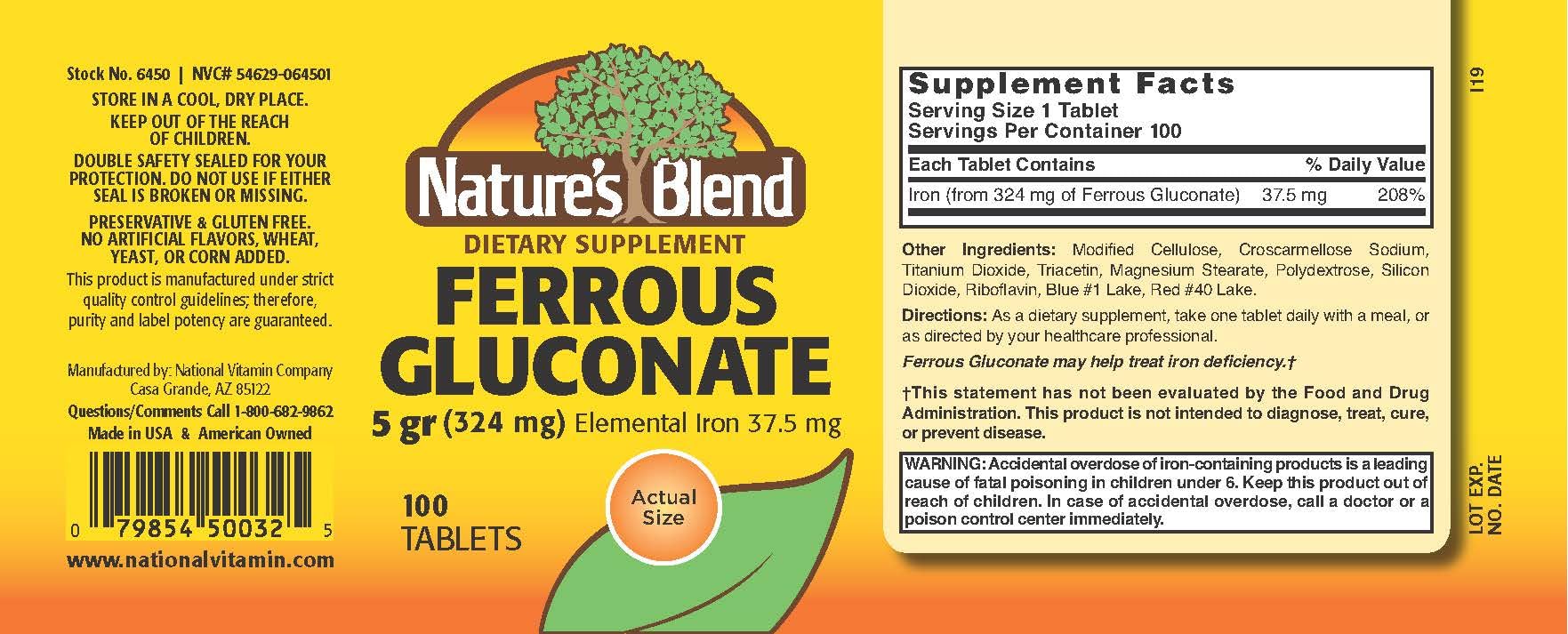 Nature's Blend Ferrous Gluconate tablet close-up highlighting a compact iron supplement
