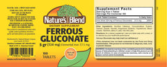Nature's Blend Ferrous Gluconate tablet close-up highlighting a compact iron supplement