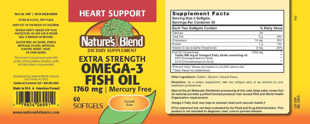 Nature's Blend Fish Oil softgels 60-count for convenient daily omega-3 intake.