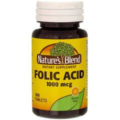 Nature's Blend Folic Acid 1000mcg bottle front view for daily supplementation