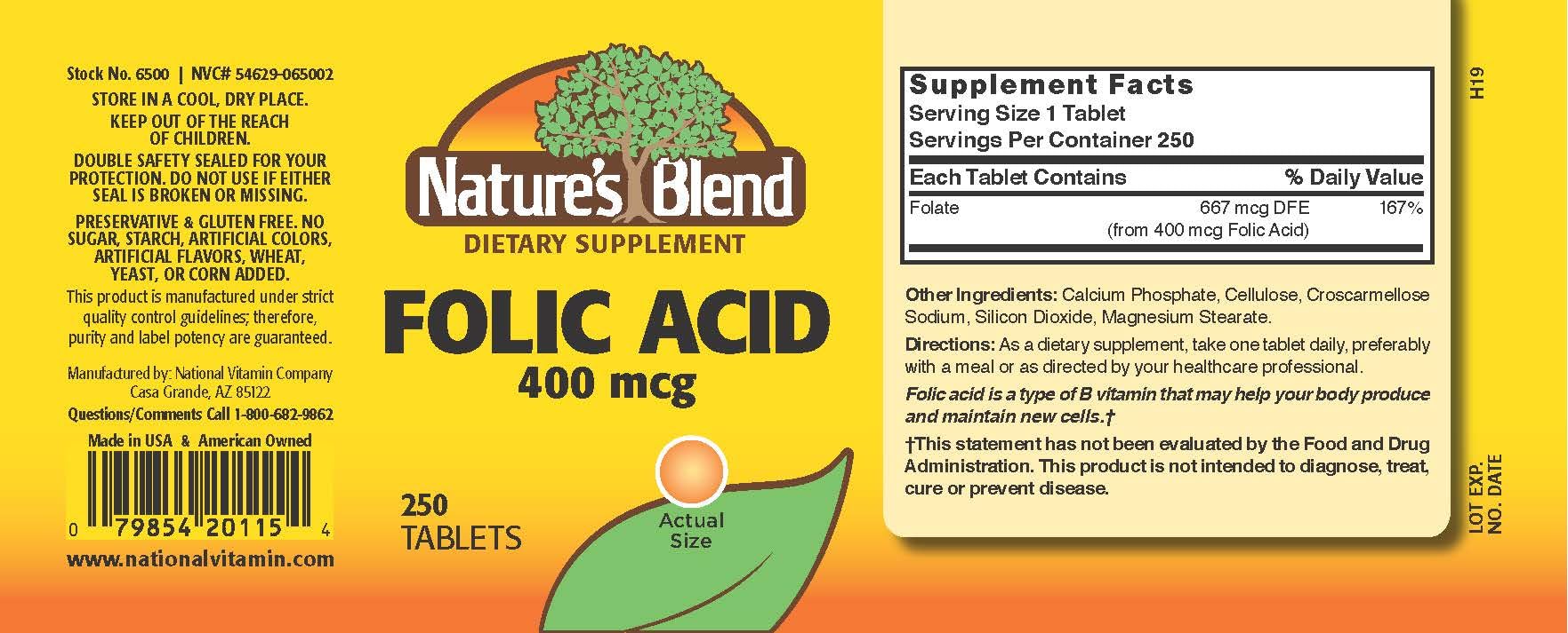 Nature's Blend Folic Acid 400 mcg tablets close-up for daily use