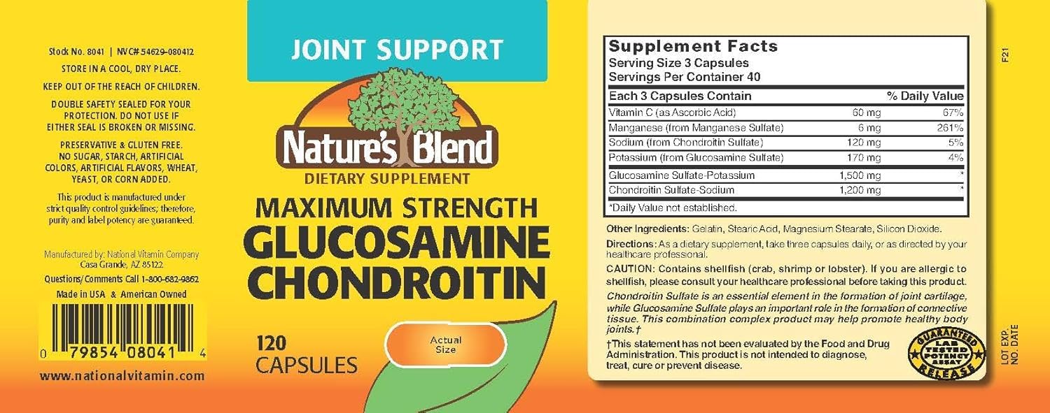 Nature's Blend Glucosamine Chondroitin label shows ingredients and dosage.