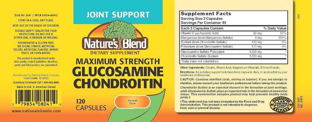 Nature's Blend Glucosamine Chondroitin label shows ingredients and dosage.