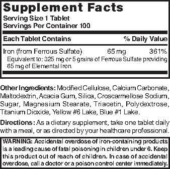 Nature's Blend iron ferrous sulfate packaging emphasizing 100-count value.