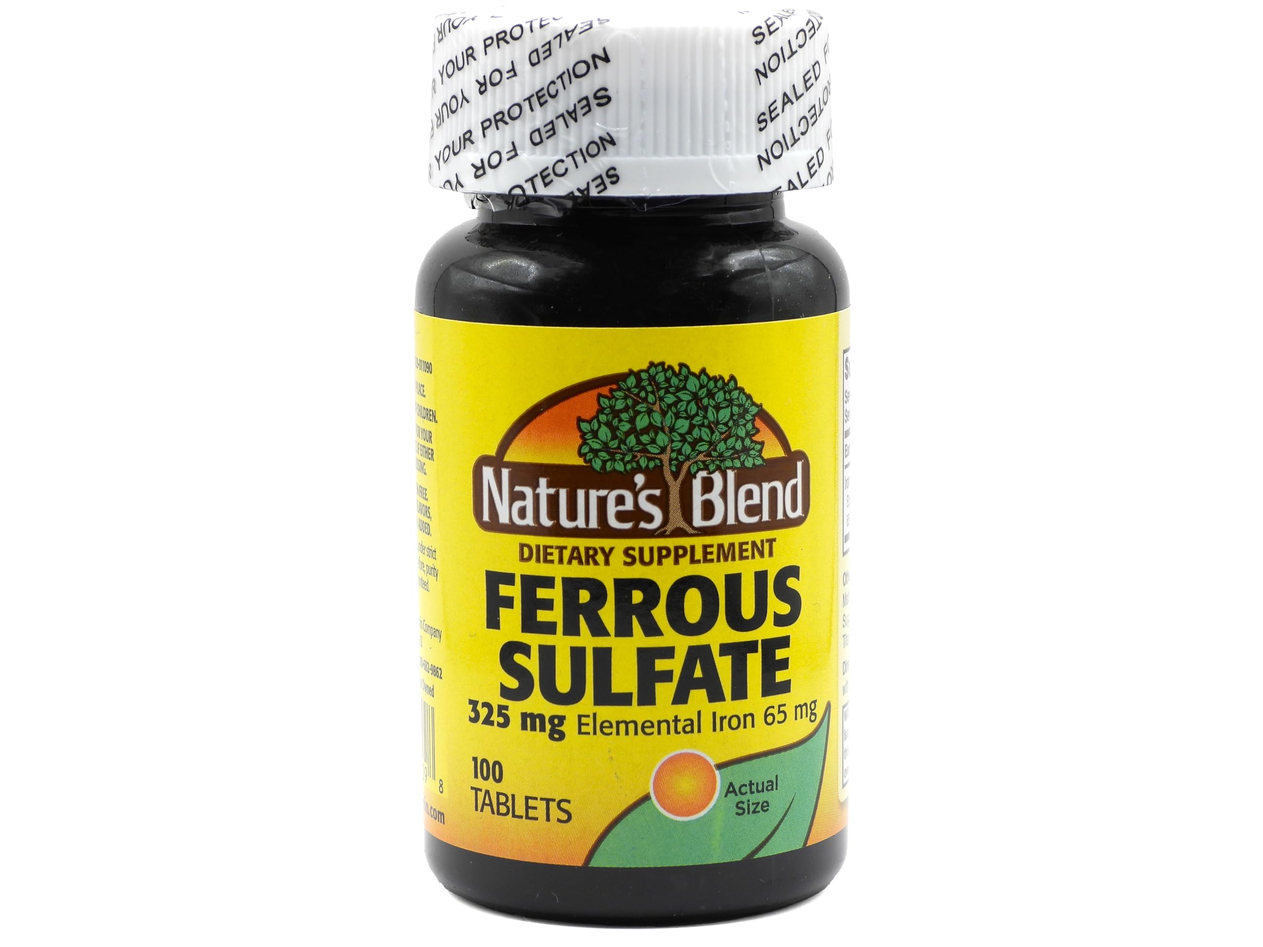 Nature's Blend iron ferrous sulfate bottle with tablets for daily iron support.
