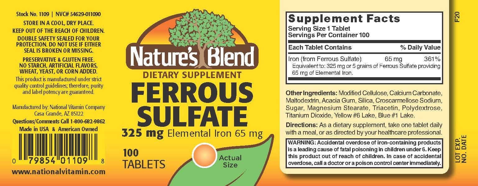 Close-up of Nature's Blend ferrous sulfate tablets showing smooth coating for easy swallowing.