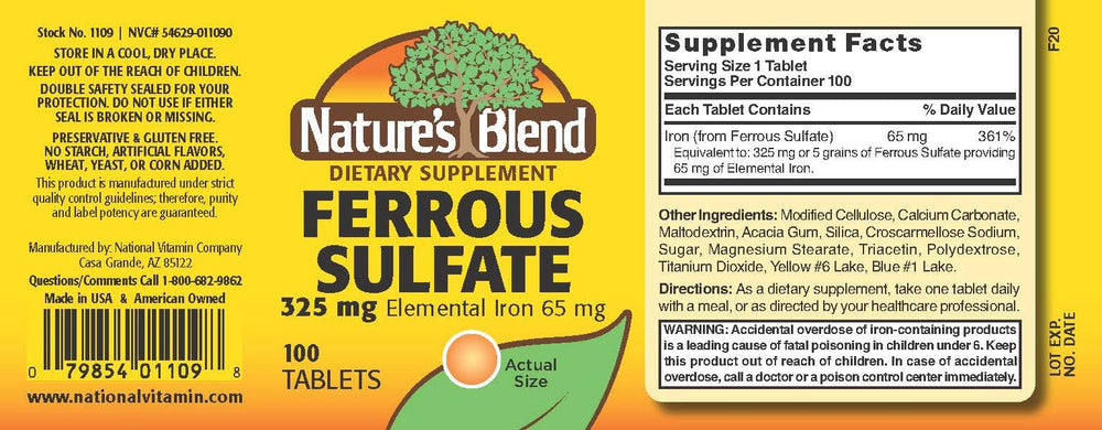 Close-up of Nature's Blend ferrous sulfate tablets showing smooth coating for easy swallowing.