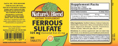 Close-up of Nature's Blend ferrous sulfate tablets showing smooth coating for easy swallowing.