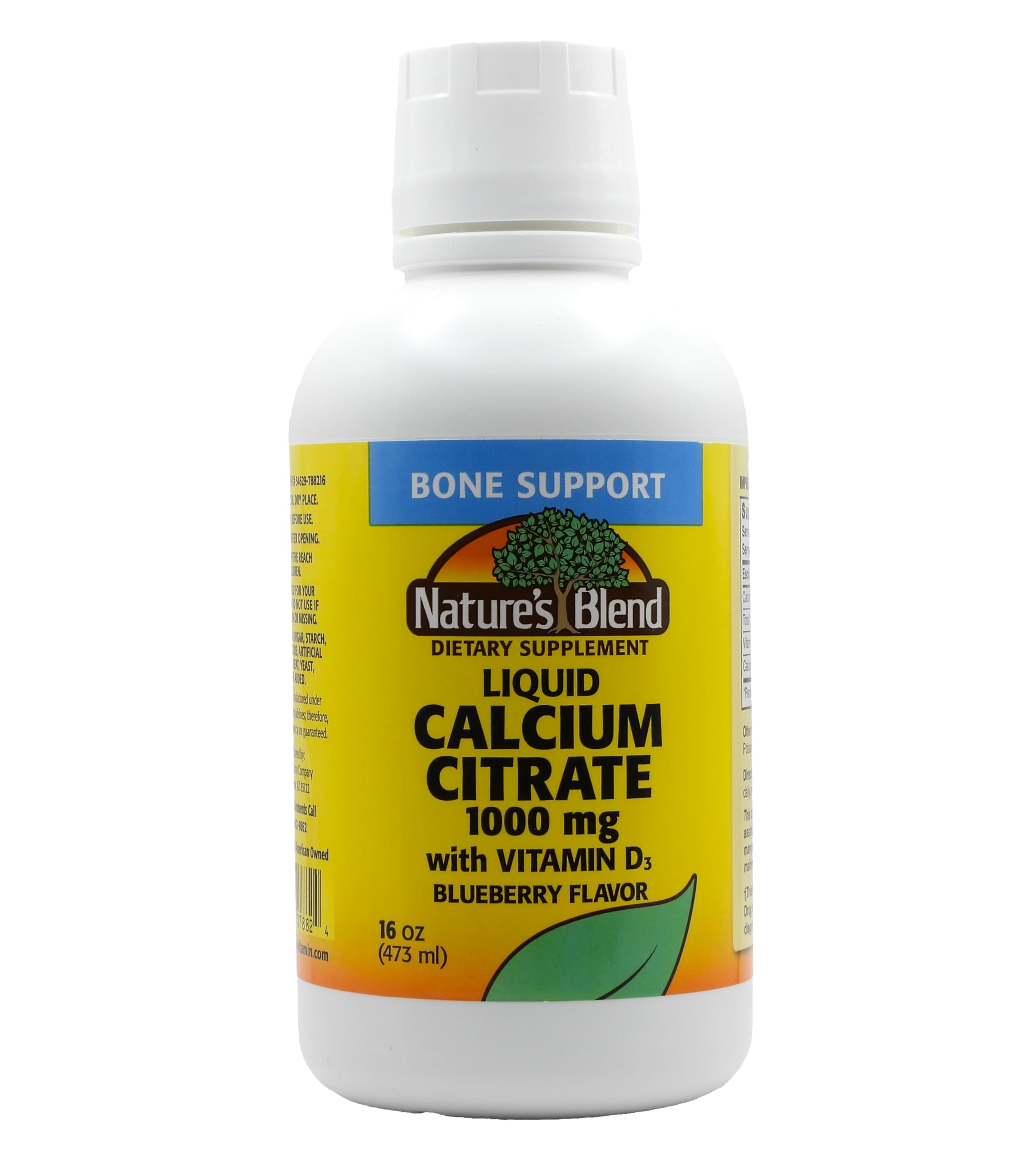 Nature's Blend Liquid Calcium Citrate blueberry bottle shows bone support and tasty flavor