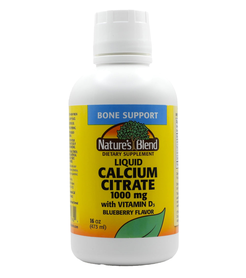 Nature's Blend Liquid Calcium Citrate blueberry bottle shows bone support and tasty flavor