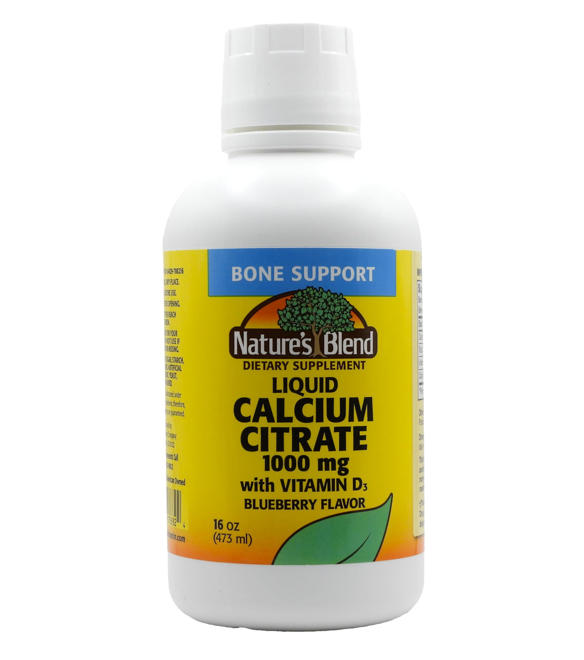 Nature's Blend Liquid Calcium Citrate blueberry bottle shows bone support and tasty flavor
