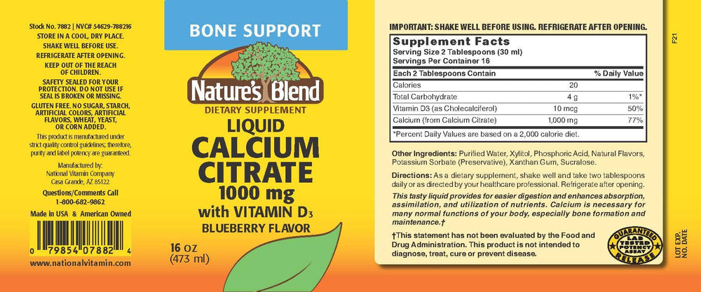 Nature's Blend Liquid Calcium Citrate blueberry pour demonstrates convenient daily use